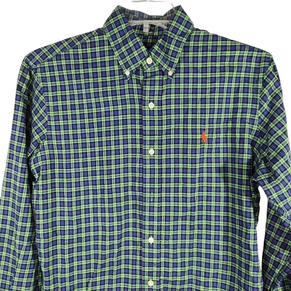 Ralph Lauren Blue Label Green Blue Plaid Shirt Men Size M Long Sleeve Pony Logo